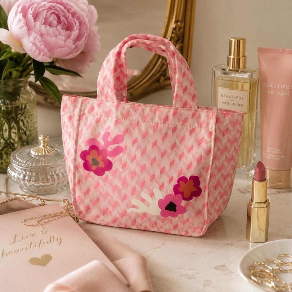 Estee Lauder Makeup Bag Pink Floral Mini Tote Coquette Feminine Girly Chic
